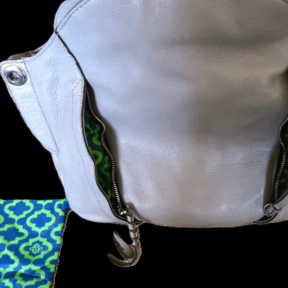 OrYany Leather Cotton Hand Bag Purse Silver Tone Hardware Green Pattern Lining - Picture 5 of 15